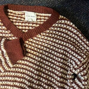 Pink Rose Men's V-Neck Sweater in Brown and Cream